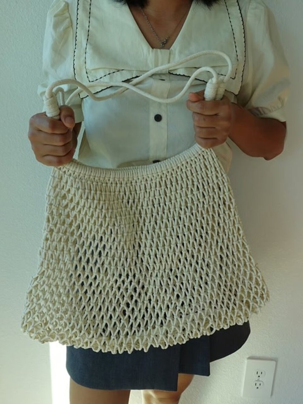Cream Mesh Tote Bag Knotted Net Shoulder Bag Boho Beach Market Shopping